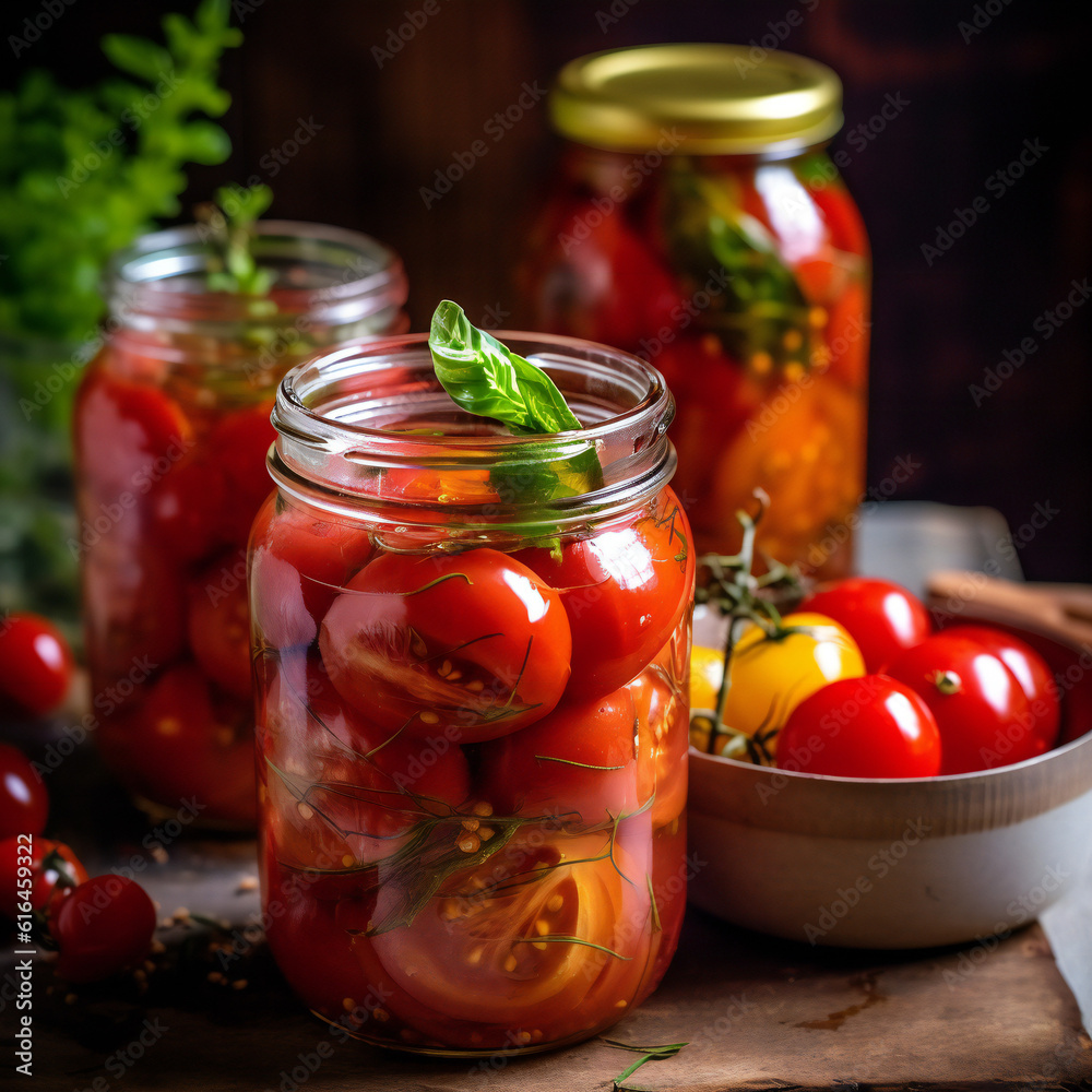 Marinated Tomatoes in the jar. Generative AI. Marinated Tomatoes in the jar. Generative AI.