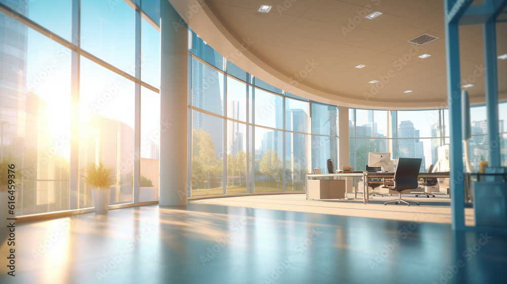 Fototapeta premium A Beautiful, Modern and Spacious Office Hall with Panoramic Windows, Beautiful Blurred Background of Modern Office Interior and Beautiful Lighting. Generative AI