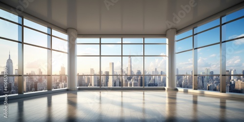 Empty interior view of modern metropolis through the window