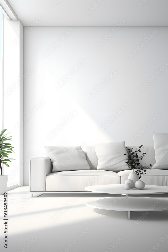 Fototapeta premium Modern living room bathed in natural light with sleek, functional furniture. Generative AI