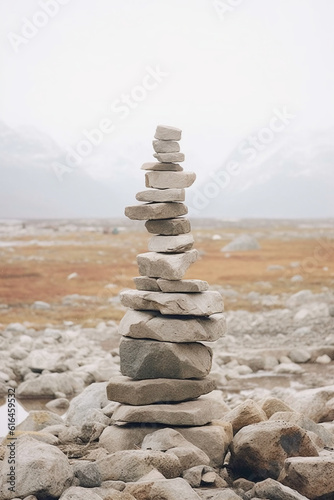 A minimalist Inukshuk made of piled stones pointing the way across the Alaskan tundra. AI generative