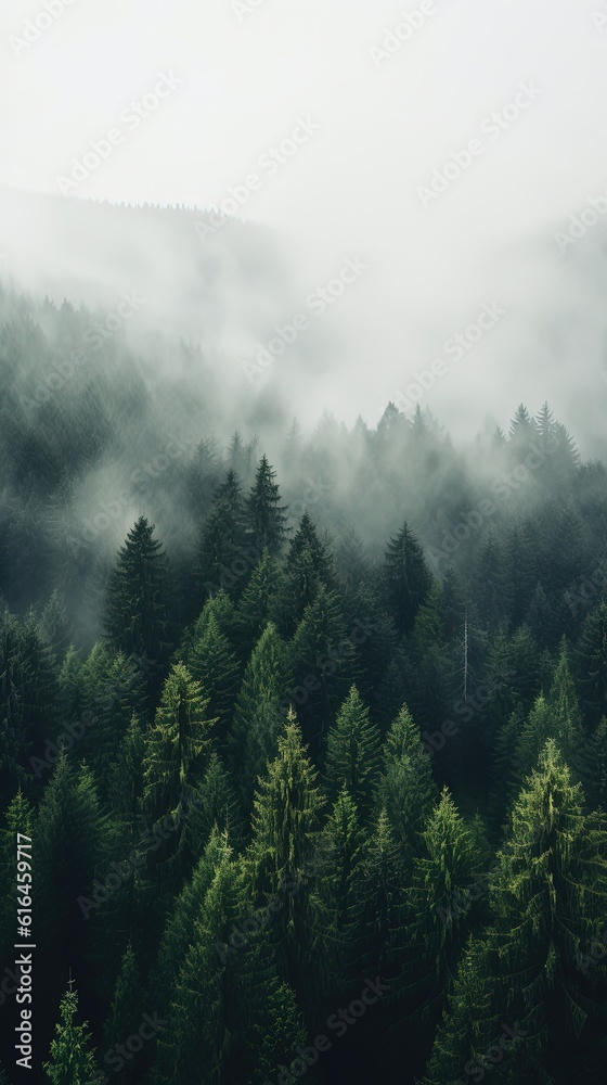 dreamy atmosphere vertical background, coniferous forest , Generative Ai