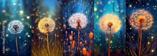 illustration of dandelion seed field under starry night sky, vertical illustration wallpaper set, Generative Ai