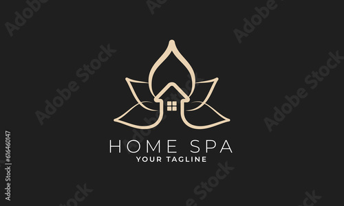 Home spa relaxation massage logo design. Lotus flower with home outline illustration
