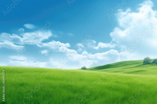 Green lawn under blue sky and white clouds