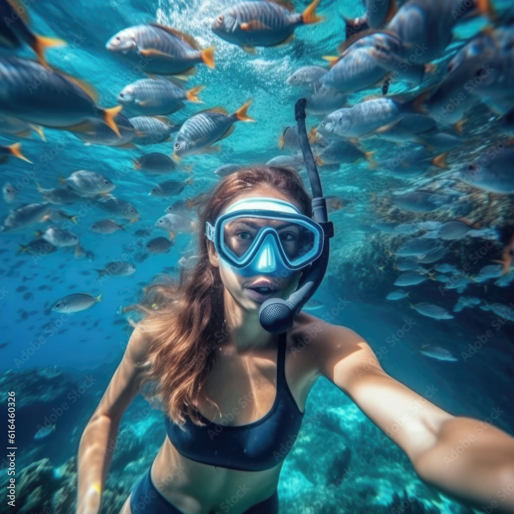 Fototapeta premium Happy woman swimming underwater in the tropical ocean