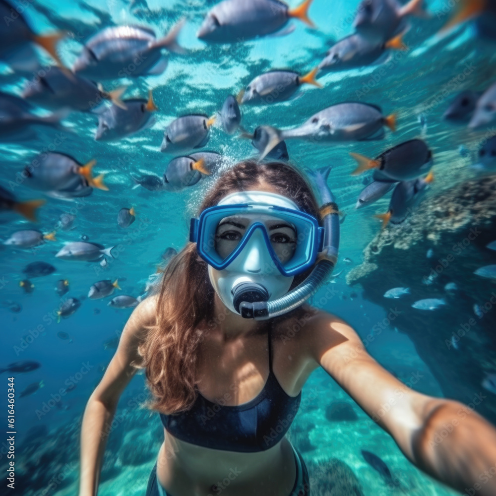 Fototapeta premium Young girl in snorkeling mask dive underwater with tropical fishes in coral reef sea pool.