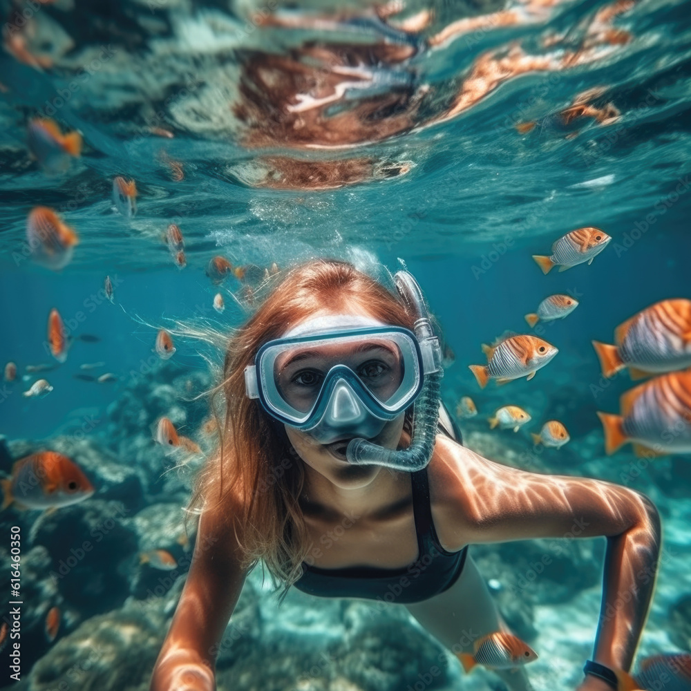 Happy woman swimming underwater in the tropical ocean