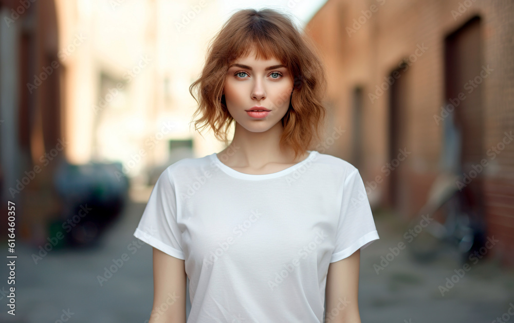 Beautiful young woman in blank white t-shirt for mockup. Design t-shirt template and mock-up for branding or print. Generative AI.