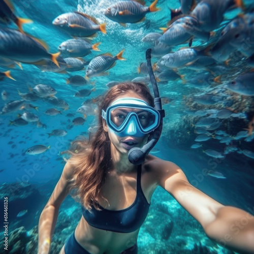 Happy woman swimming underwater in the tropical ocean