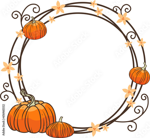 Pumpkin with ivy flower wreath flat design illustration for decoration on nature food, agriculture, Halloween feetival and Autumn seasonal.