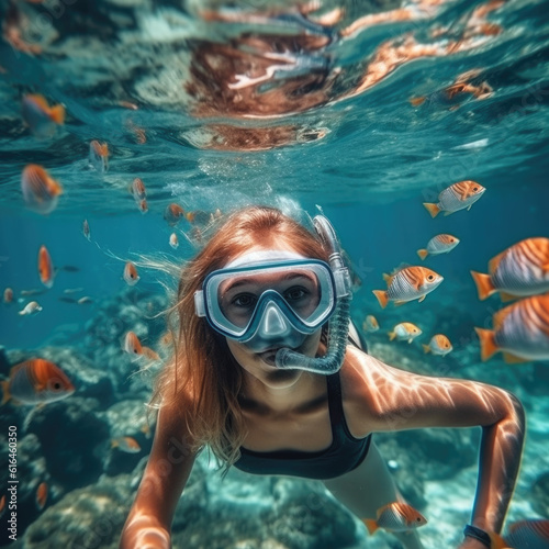 Happy woman swimming underwater in the tropical ocean