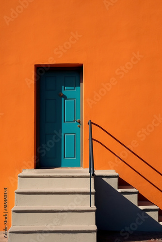 An orange wall with a door and steps  in the style of light emerald and indigo. AI generative