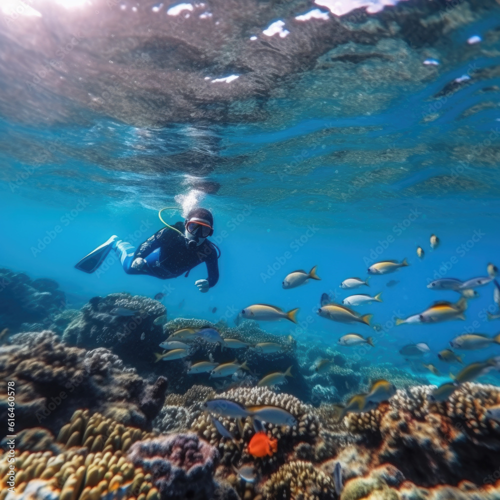 Young Man dives among corals and fishes in the ocean Young Man dives among corals and fishes in the ocean