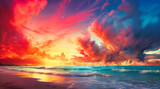 an ocean sunrise with colorful clouds over a beach