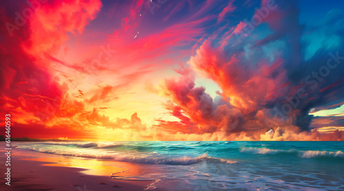 an ocean sunrise with colorful clouds over a beach © Nilima