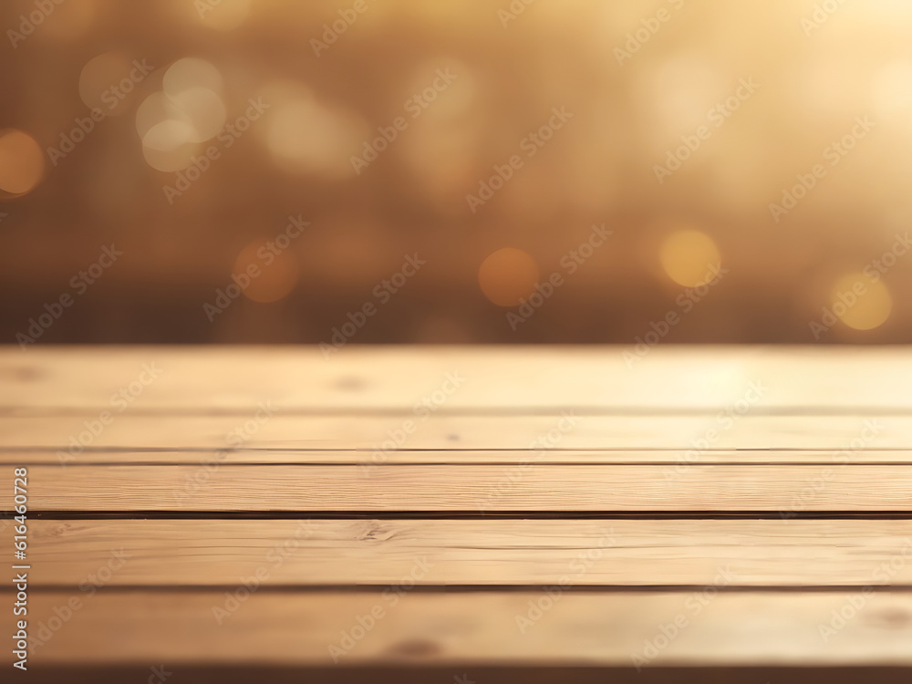 Empty wood table against blurred bokeh background. AI Generated