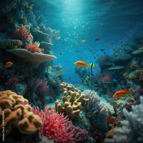 underwater paradise background coral reef wildlife nature collage with shark manta ray sea turtle fish background © Ljiljana