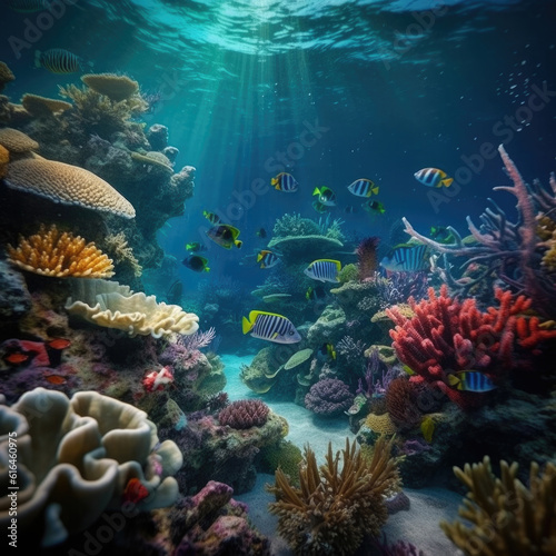 underwater paradise background coral reef wildlife nature collage with shark manta ray sea turtle fish background © Lucky Fenix