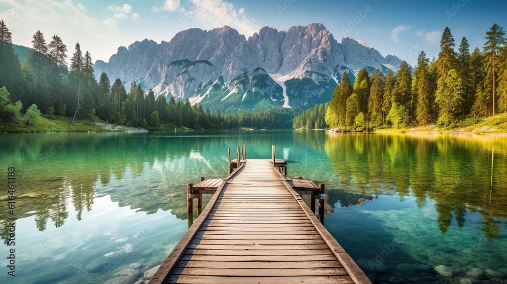 Colorful summer view of Fusine lake. Bright morning scene of Julian Alps with Mangart peak on background, Province of Udine, Italy, Europe