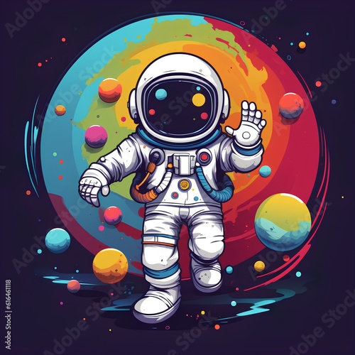 Cartoon astronaut say Hello on the space colorful background photo