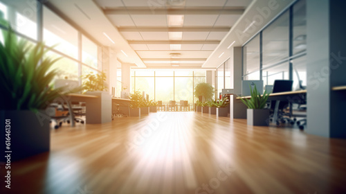 A Beautiful  Modern and Spacious Office Hall with Panoramic Windows  Beautiful Blurred Background of Modern Office Interior and Beautiful Lighting. Generative AI