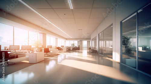 A Beautiful  Modern and Spacious Office Hall with Panoramic Windows  Beautiful Blurred Background of Modern Office Interior and Beautiful Lighting. Generative AI