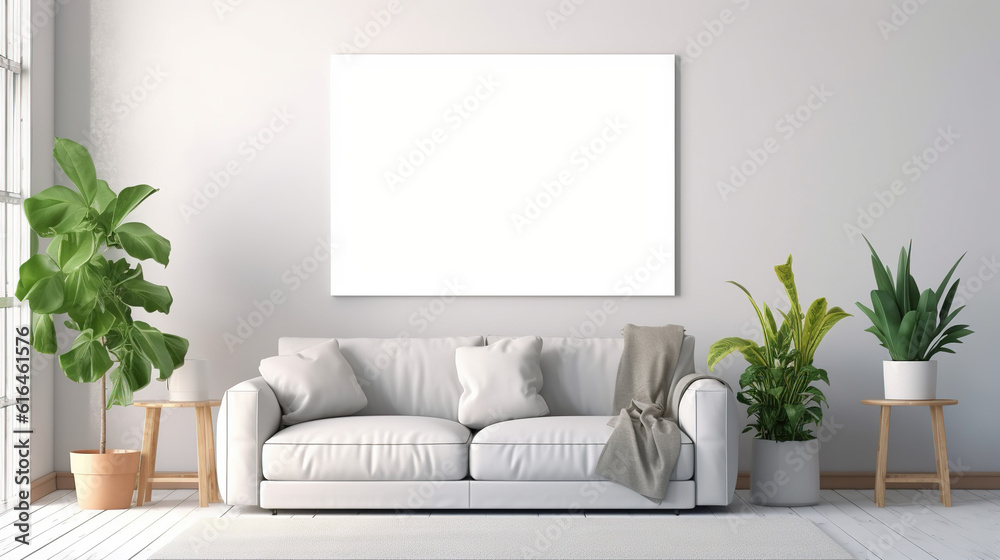 Minimal Style Living Room with Stylish Warm Home Decor with Sofa and Blank Picture Frames and Decoration with Natural Green Tropical Plants, Leaves, Generative AI