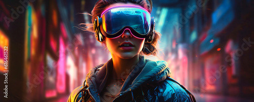 a photo of a woman dressed in a virtual reality goggles