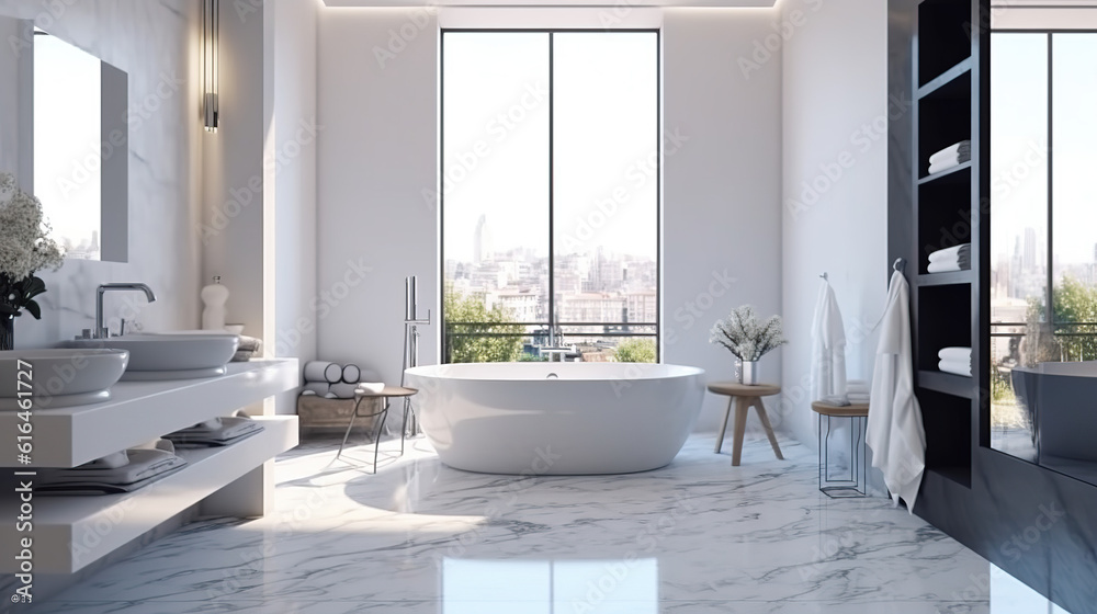 Fototapeta premium An Interior of the Bathroom is Luxurious with a Free-standing Bathtub. White Washbasin on Wooden Counter There is a Mirror Hanging Above. Modern Bathroom Accessories. Generative AI