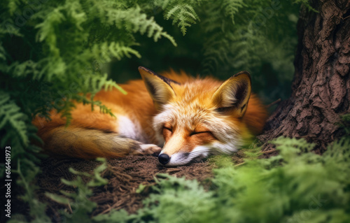 Red fox sleeping in a summer forest, Generative AI
