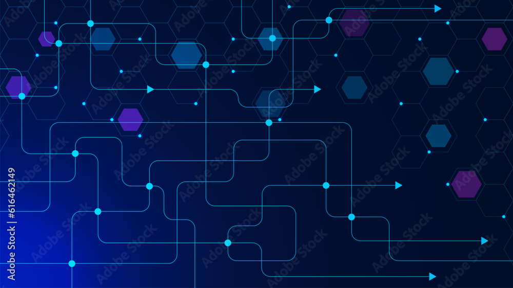 Global communication technology with connect lines and dots. Abstract geometric circuit board and hexagons pattern. Big data visualization, global network connection background.