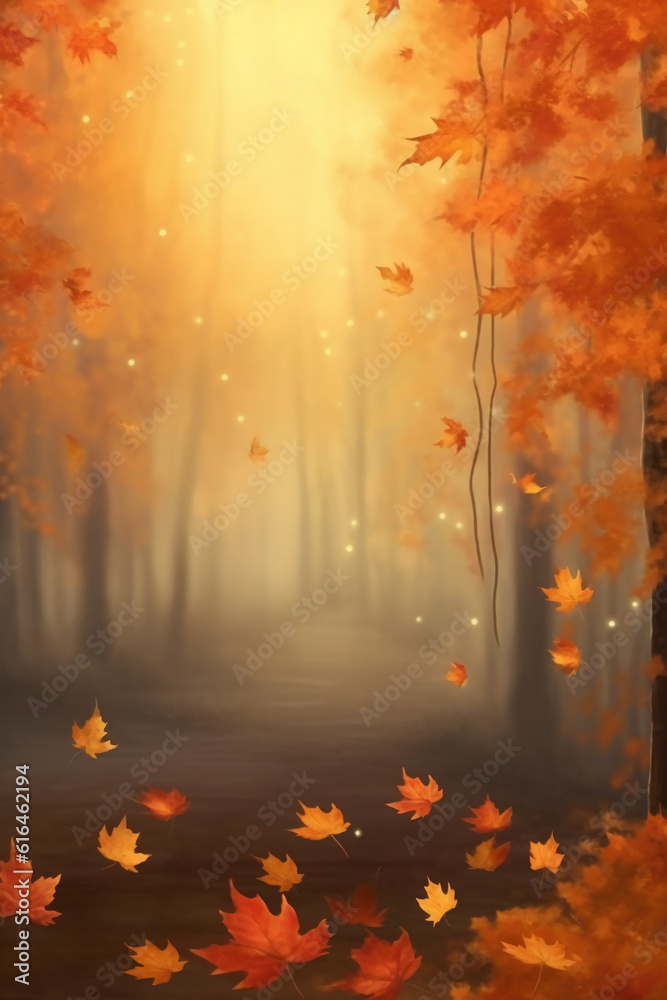 Autumn leaves falling on misty background, warm glow. AI generative