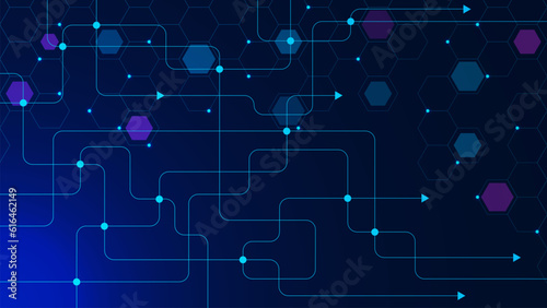 Global communication technology with connect lines and dots. Abstract geometric circuit board and hexagons pattern. Big data visualization, global network connection background.