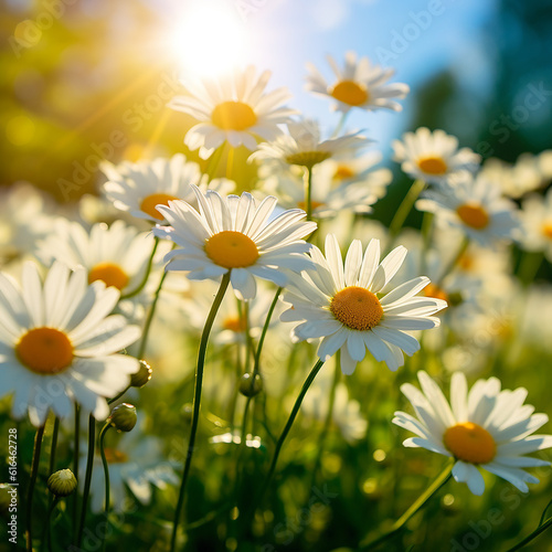 Daisies on a Green Field with Sunlight. By AI © Worrapol