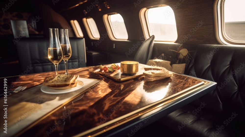 Food on the table on a private jet