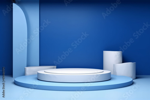 Blue 3d background vector rendering with 3d white podium and blue wall backdrop. AI generative