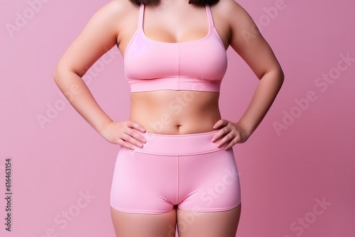 Fitness Woman in Studio: Healthy Female Body Wearing Pink Workout Clothes, focus at fit body