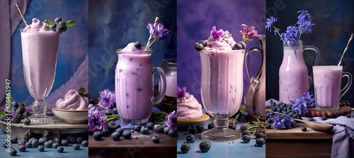 dreamy beverage vertical background collection set, glass of blueberry milkshake, Generative Ai © QuietWord