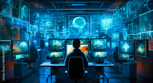 a man in a dark and futuristic workplace is in front of several monitors
