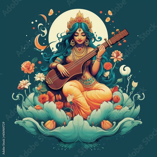 Saraswati devi Goddess, Happy Vasant Panchami Indian festival, Goddess Maa Saraswati. Ai Generated. photo