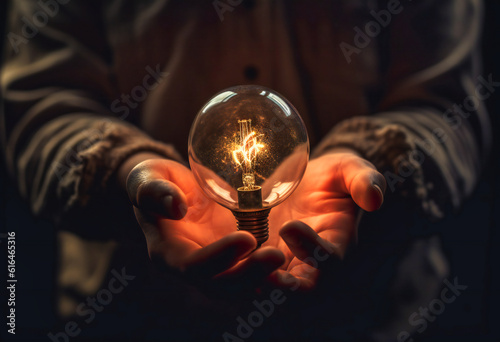 hand holding a light bulb on dark background
