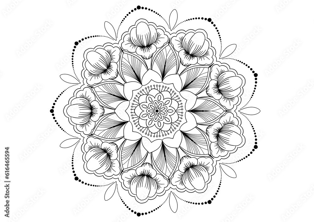 Mandala drawing on a white background, Ethnic mandala outline hand drawn, Decorative monochrome ethnic mandala pattern  Islam, Arabic, Indian, morocca.
