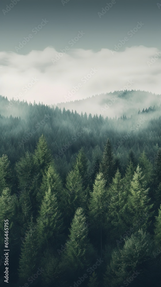 dreamy atmosphere vertical background, coniferous forest , Generative Ai