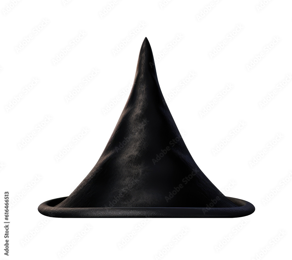 Fototapeta premium Black witch cap isolated on transparent background. Halloween costume decoration.