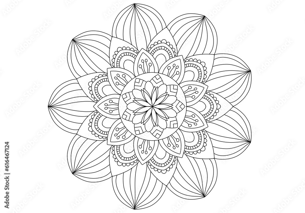 Mandala drawing on a white background, Ethnic mandala outline hand drawn, Decorative monochrome ethnic mandala pattern  Islam, Arabic, Indian, morocca.