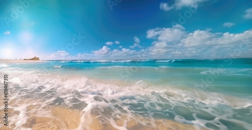 Sunny tbeach with palm trees and turquoise water, caribbean island vacation, hot summer day