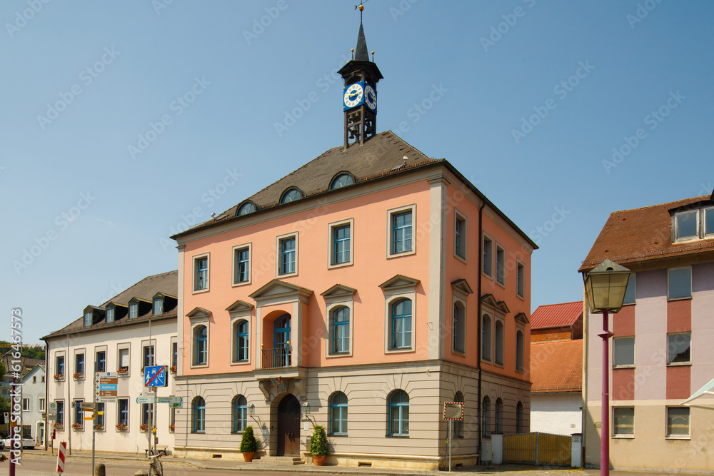 View on the main town hall with clock tower in Treuchtlingen, Germany