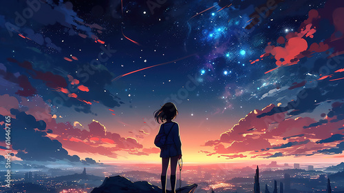 a majestic magical sunset artwork with an anime manga girl, ai generated image
