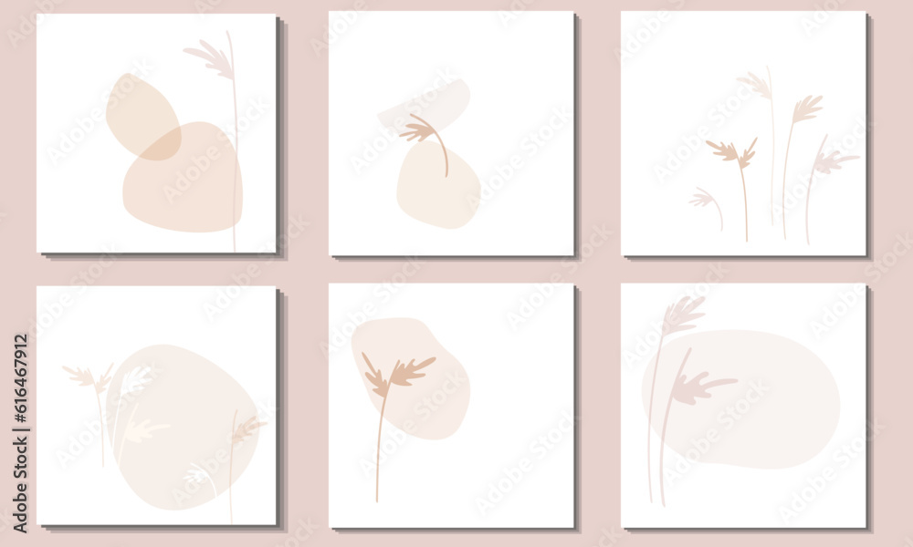 Set of square backgrounds. Random splashes of delicate pastel beiges and pale browns. Flower stems.